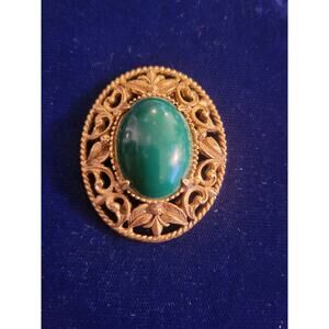 SIGNED FLORENZA ORNATE BROOCH DK GREEN STONE w/ magnetic pin back